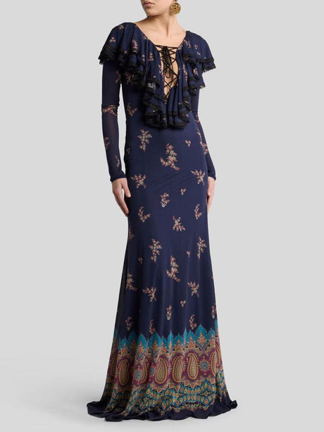 Aurohaya Elegant Retro Paisley Print Ruffle Maxi Dress Dark Blue