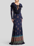 Elegant Retro Paisley Print Ruffle Maxi Dress