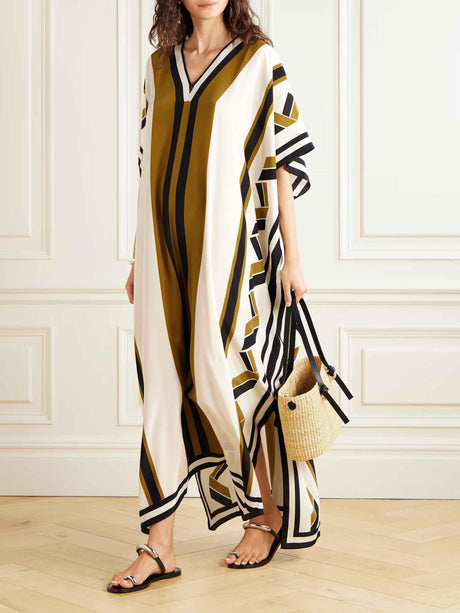 Aurohaya Exquisite Striped Print Belted Maxi Dress Cream