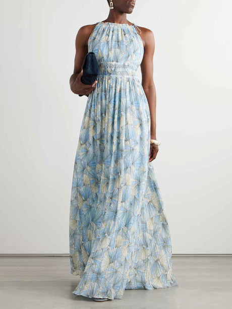 Aurohaya Elegant Painted Floral Print Chiffon Pleated Maxi Dress Blue