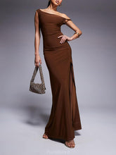 Aurohaya Elegant Off-Shoulder Twist Back Tie Maxi Dress Brown