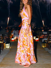 Delicate Ruffle Trim Backless Printed Maxi Dress