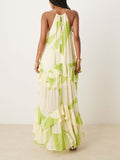 Aurohaya Exquisite Abstract Print Backless Tiered Ruffle Maxi Dress