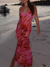 Aurohaya Elegant Printed Strappy Bodycon Silhouette Backless Slit Dress Pink