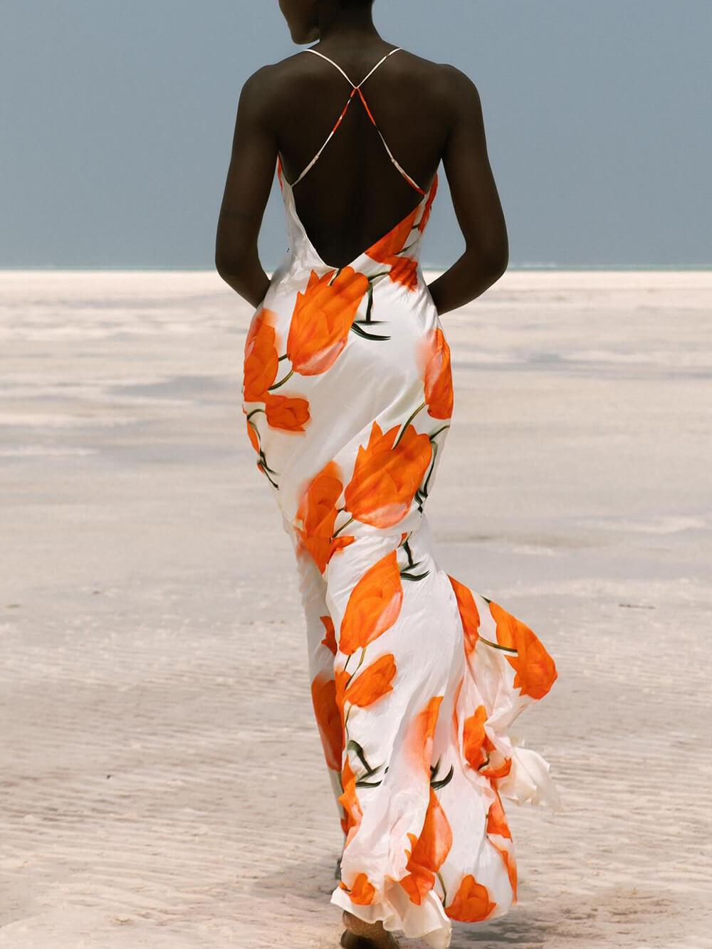 Aurohaya Exquisite Satin Open Back Floral Print Maxi Dress