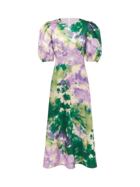 Aurohaya Retro Tie-Dye Puff Sleeve A-Line Maxi Dress