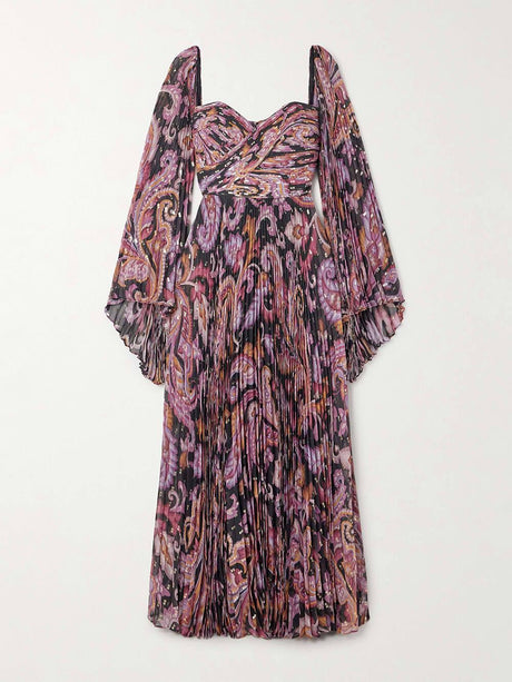 Aurohaya Exquisite Printed Metallic Pleated Chiffon Trumpet Sleeve Maxi Dress