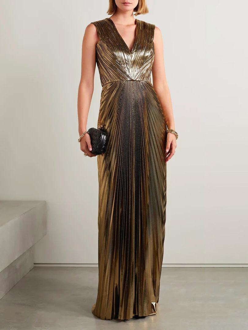 Aurohaya Elegant V-neck Gold Painted Pleated Maxi Dress Gold