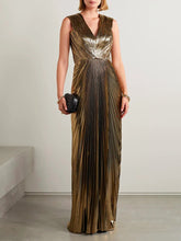 Elegant V-neck Gold Painted Pleated Maxi Dress