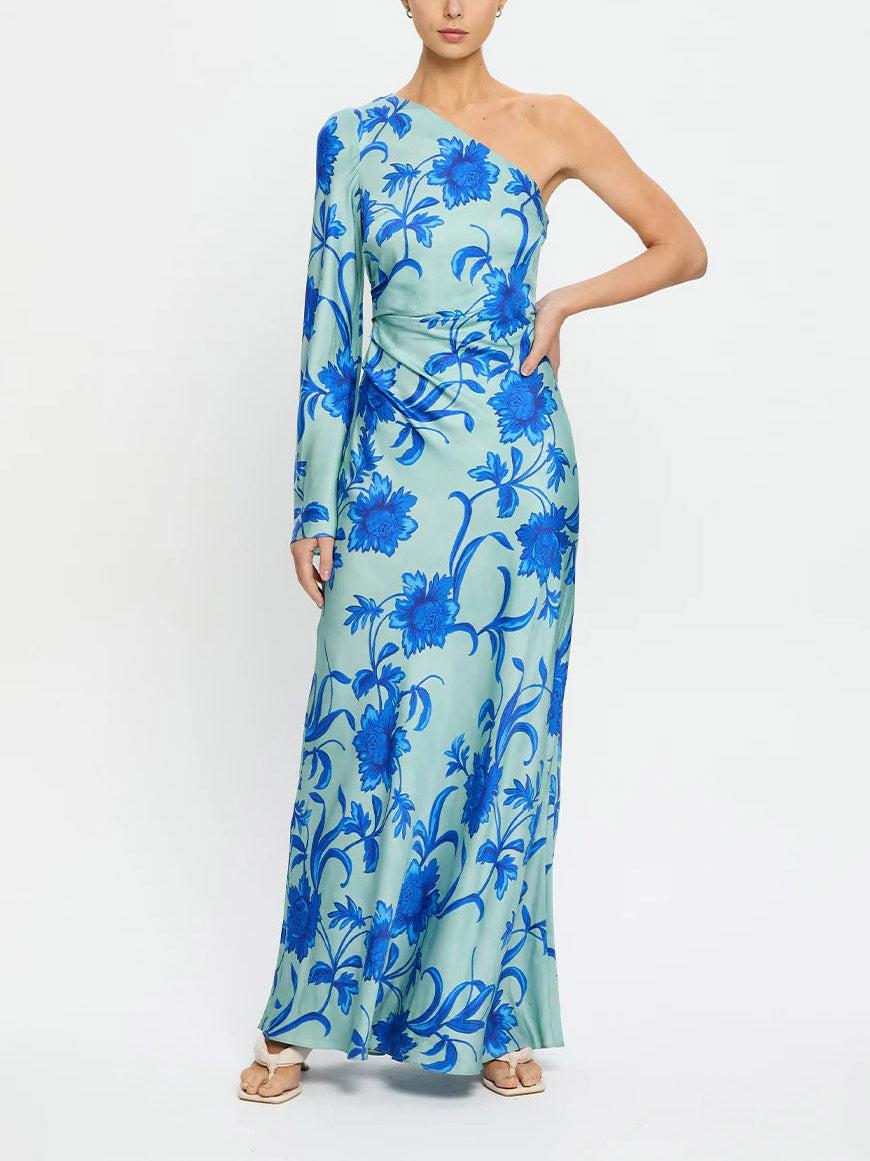Aurohaya Elegant One-shoulder Floral Eye-catching Slim-fit Maxi Dress Blue