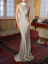 Aurohaya Elegant Open Back Contrast Satin Draped Maxi Dress Green