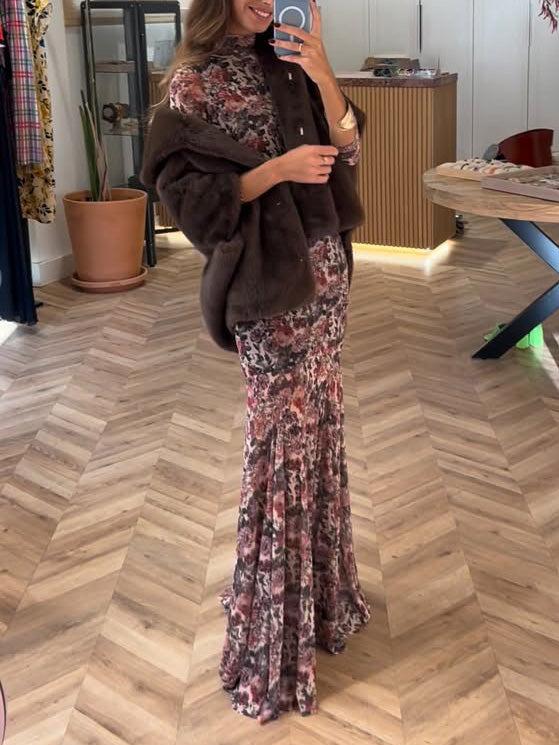 Aurohaya Elegant Floral Mesh Print Long-sleeved Maxi Dress