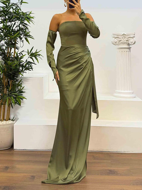 Aurohaya Elegant Strapless Satin Evening Maxi Dress Green