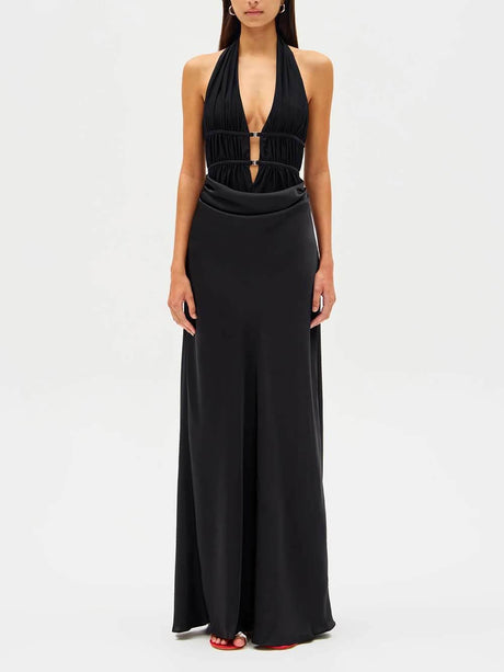 Aurohaya Elegant Mesh Ruched Satin Backless Maxi Dress Black