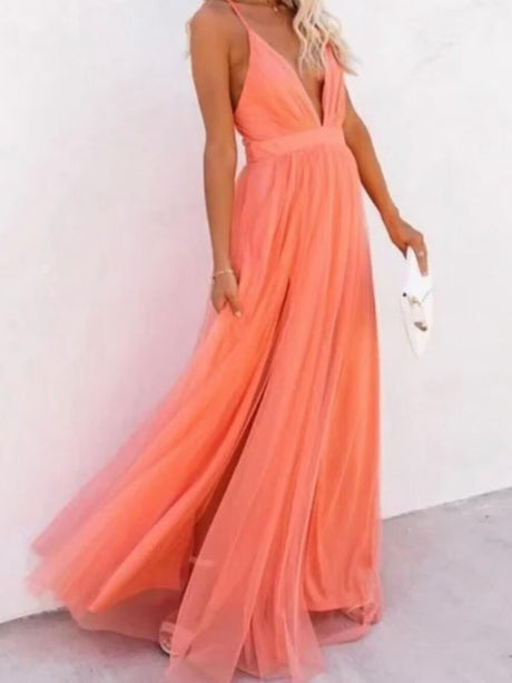Aurohaya Chic Cut-Out Cross-Strap Chiffon A-Line Maxi Dress Coral