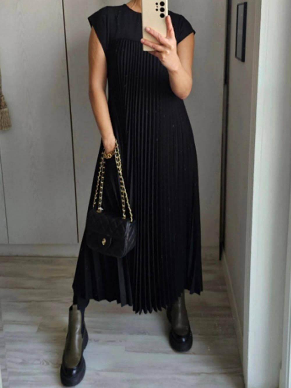 Aurohaya Elegant Stylish Sleeveless Pleated Maxi Dress Black