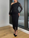 Aurohaya Elegant One-shoulder Rhinestone Mesh Midi Dress