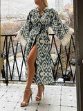 Elegant Printed Feather Cuff Long Coat