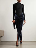Elegant Long-sleeved Velvet Pleated Maxi Dress