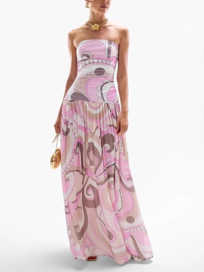 Aurohaya Elegant Swirl Vintage Print Drop Waist Maxi Dress Pink