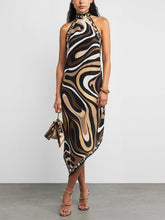 Aurohaya Exquisite Satin Irregular Print Halterneck Midi Dress Brown