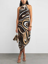 Exquisite Satin Irregular Print Halterneck Midi Dress