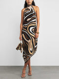 Exquisite Satin Irregular Print Halterneck Midi Dress