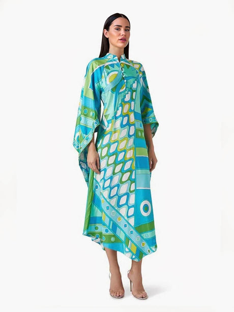 Aurohaya Elegant Button-Up Stand Collar Printed Loose Flared Asymmetrical Midi Dress