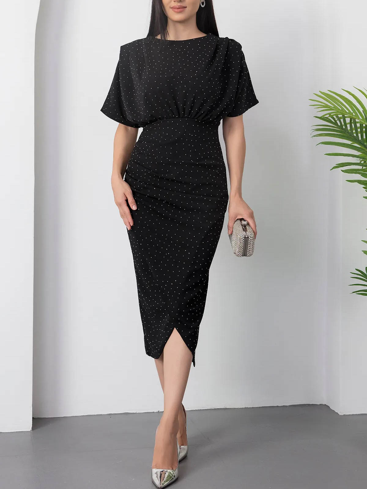 Elegant Round Neck Silver Polka Dot Print Slit Dress