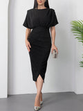 Elegant Round Neck Silver Polka Dot Print Slit Dress