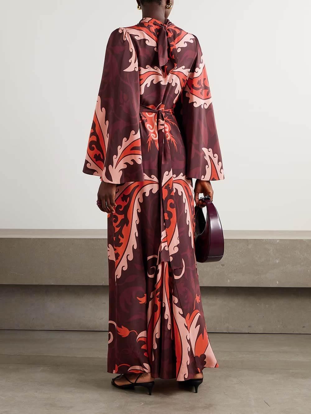 Aurohaya Unique Vintage Paisley Print Satin Belted Maxi Dress