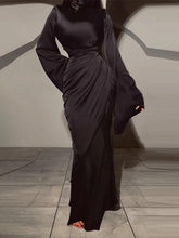 Aurohaya Elegant Satin Draped Long-Sleeve Maxi Dress Black