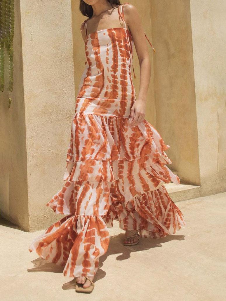 Aurohaya Exquisite Tie-dye Floral Print Lace-up Split Maxi Dress