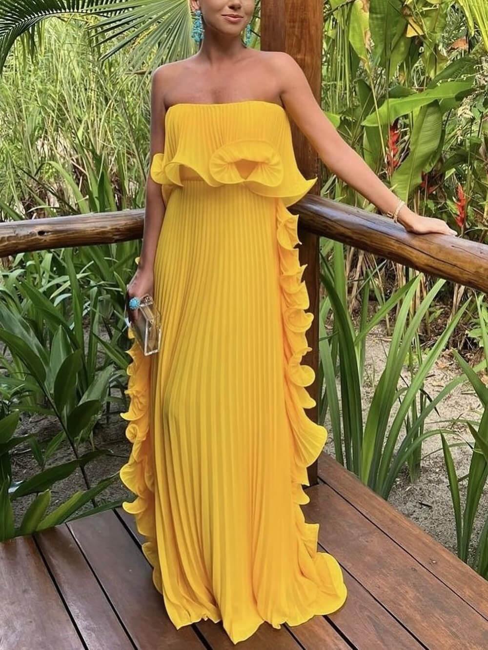 Aurohaya Elegant Chiffon Pleated Wavy Ruffles Trim Strapless Loose Maxi Dress