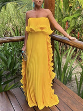 Aurohaya Elegant Chiffon Pleated Wavy Ruffles Trim Strapless Loose Maxi Dress