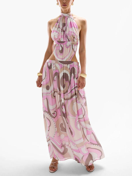 Aurohaya Exquisite Abstract Print Halter Neck Cutout Maxi Dress Pink