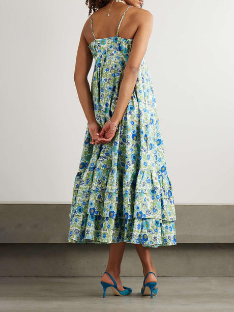 Aurohaya Delicate Layered Ruffled Floral Print Halter Midi Dress