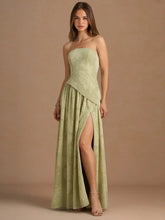 Elegant Strapless Slit Pleated Maxi Dress