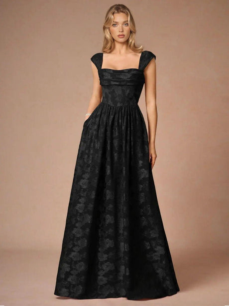 Aurohaya Elegant Drape Neck Floral A-Line Maxi Dress Black