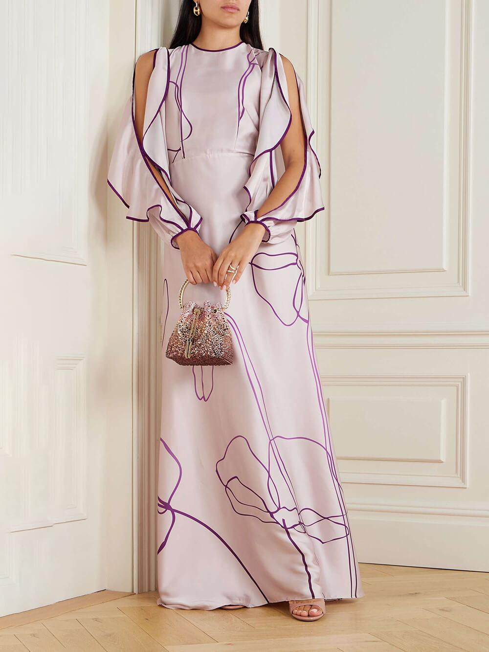 Aurohaya Retro Ruffled Cutout Floral Print Satin Maxi Dress Pink