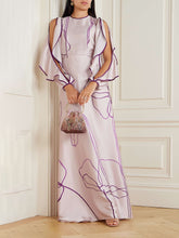 Retro Ruffled Cutout Floral Print Satin Maxi Dress