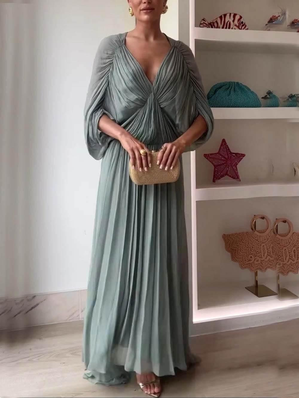 Aurohaya Beautifully Pleated Draped V-Neck Batwing Sleeve Maxi Dress