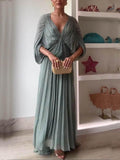 Aurohaya Beautifully Pleated Draped V-Neck Batwing Sleeve Maxi Dress