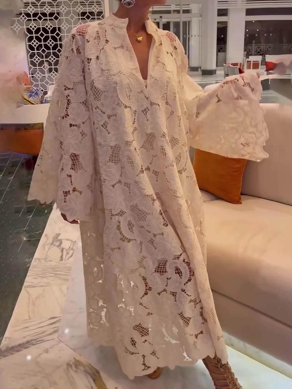 Aurohaya Casual White Long Sleeve Lace V-Neck Dress White