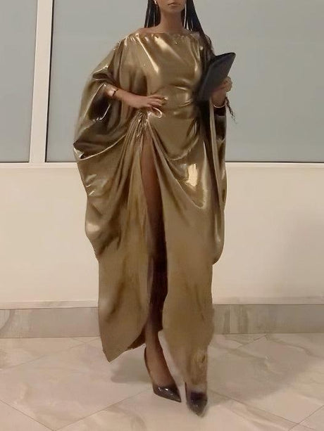Aurohaya Elegant Metal Drawstring Bat Sleeve Robe Dress