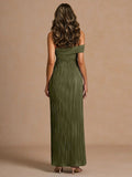 Elegant Off-The-Shoulder Pleated Slit Maxi Dress