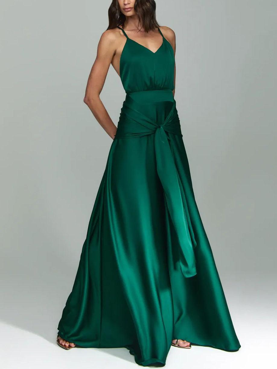 Aurohaya Elegant V-Neck Satin Tie-Waist Floor-Length Slip Dress Green