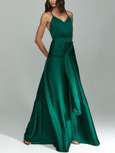 Aurohaya Elegant V-Neck Satin Tie-Waist Floor-Length Slip Dress Green