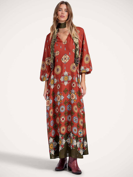 Aurohaya Elegant Satin Printed Shirt Collar Long Sleeve Maxi Dress Red