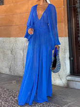 Elegant V-neck Chiffon Waist Pleated Maxi Dress